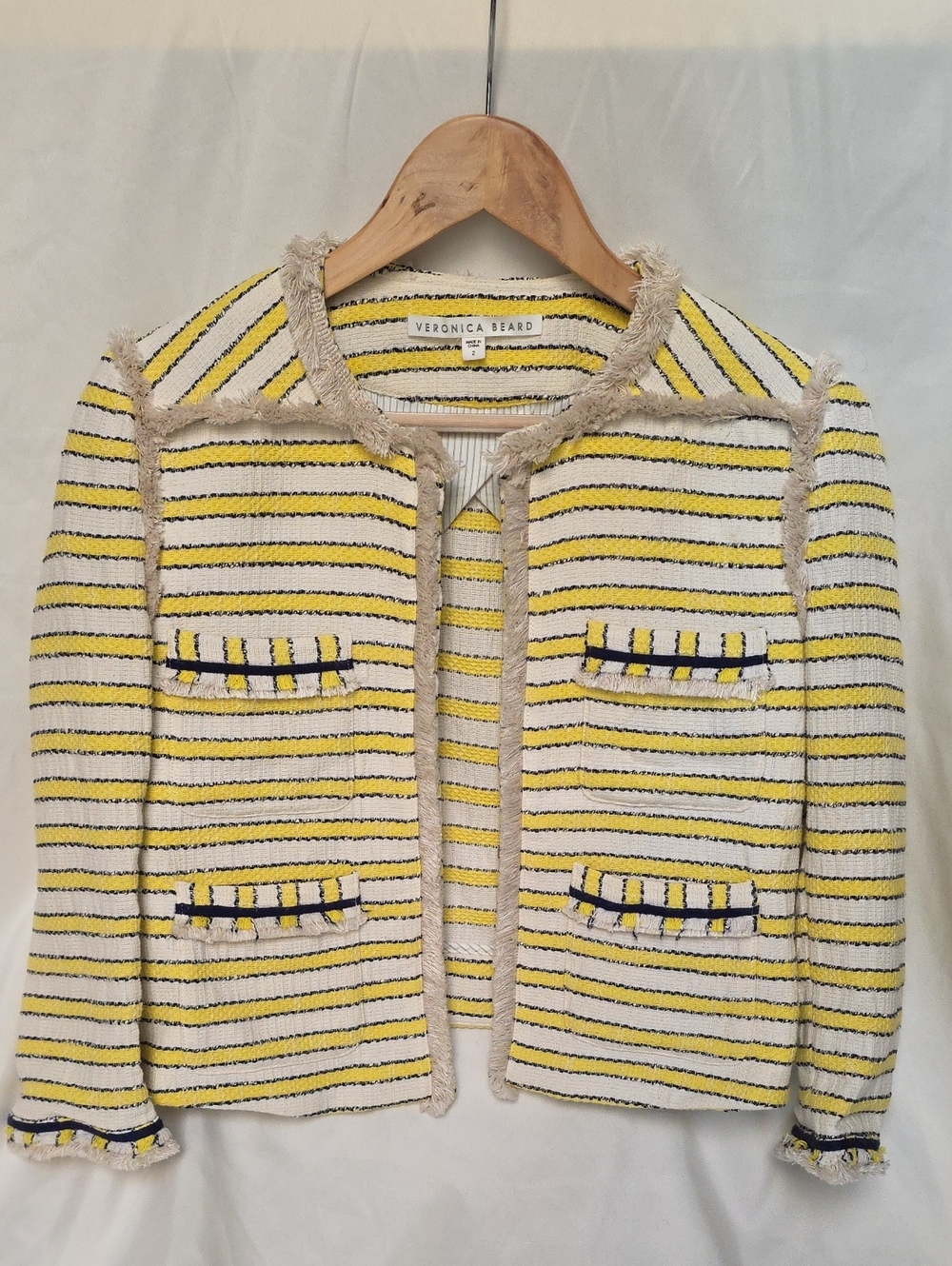 Veronica Beard Yellow and Cream Striped Tweed Blazer